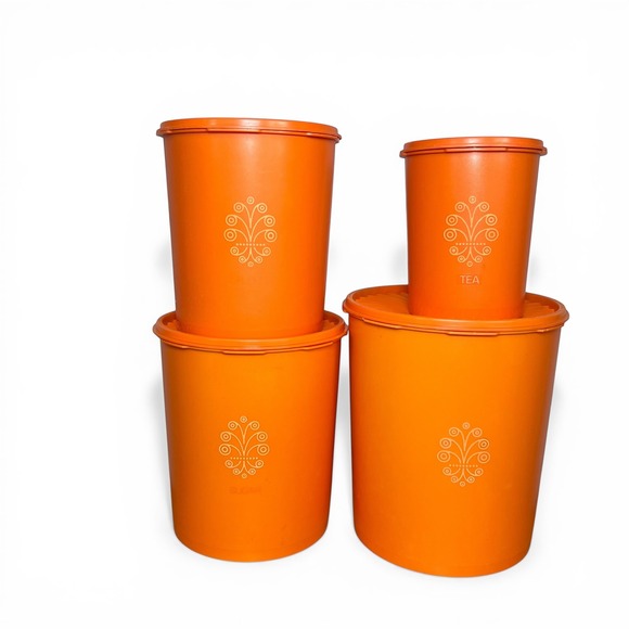 Vintage Tupperware Servalier Canister Set 4 Orange Sunburst Lid Flour Sugar Tea - Picture 2 of 12